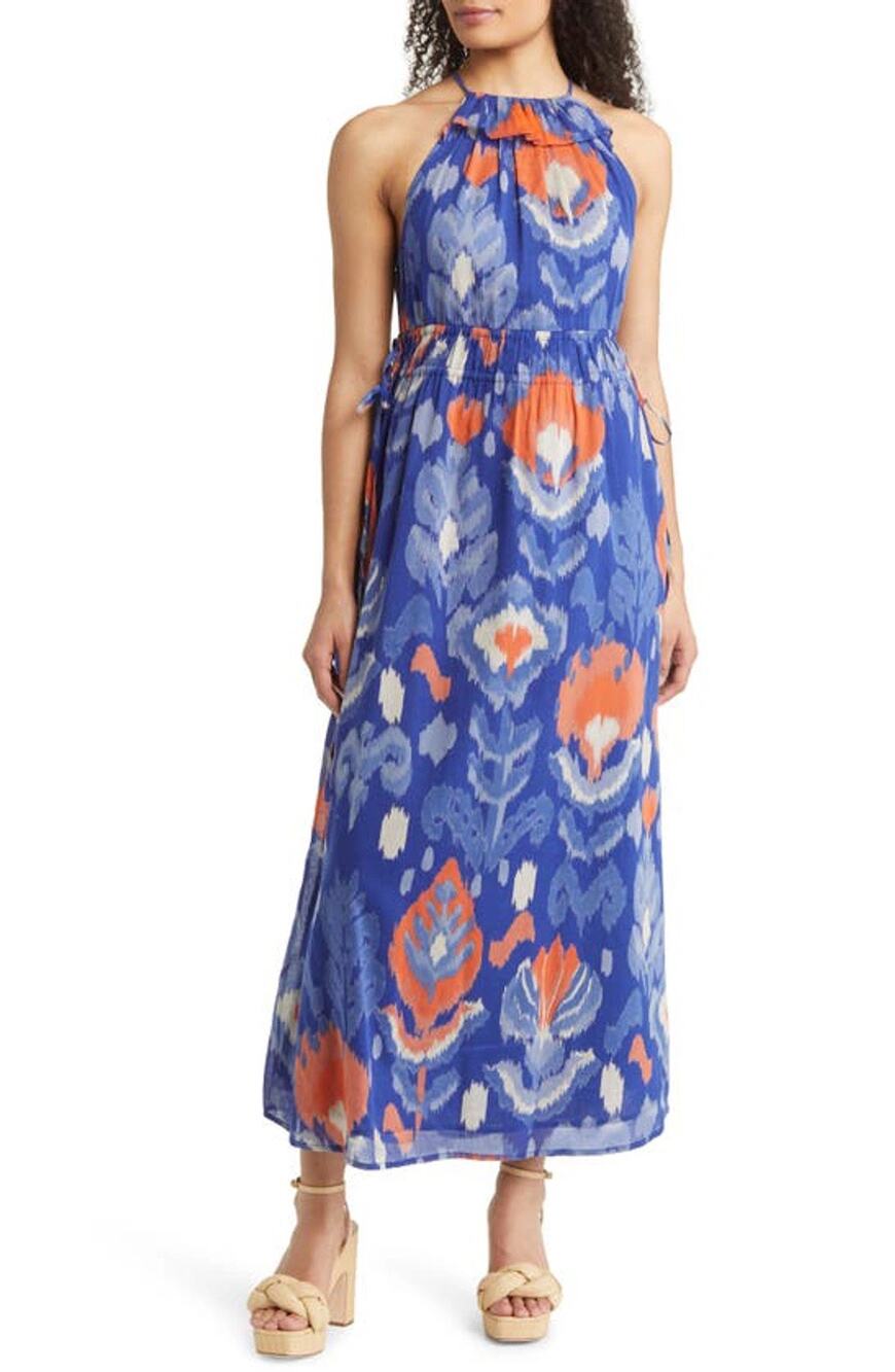 Banjanan Lucia Ikat Floral Print Blue Sleeveless Boho Summer Resort Dress Size M